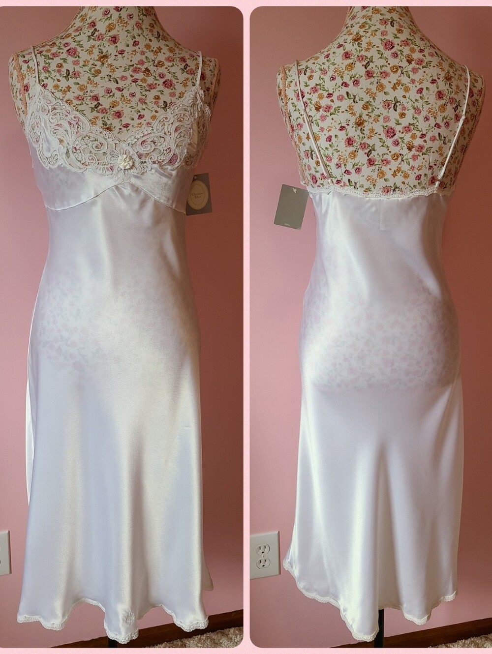New VTG Dior Classic Ivory Satin Midi Slip Dress Size Small